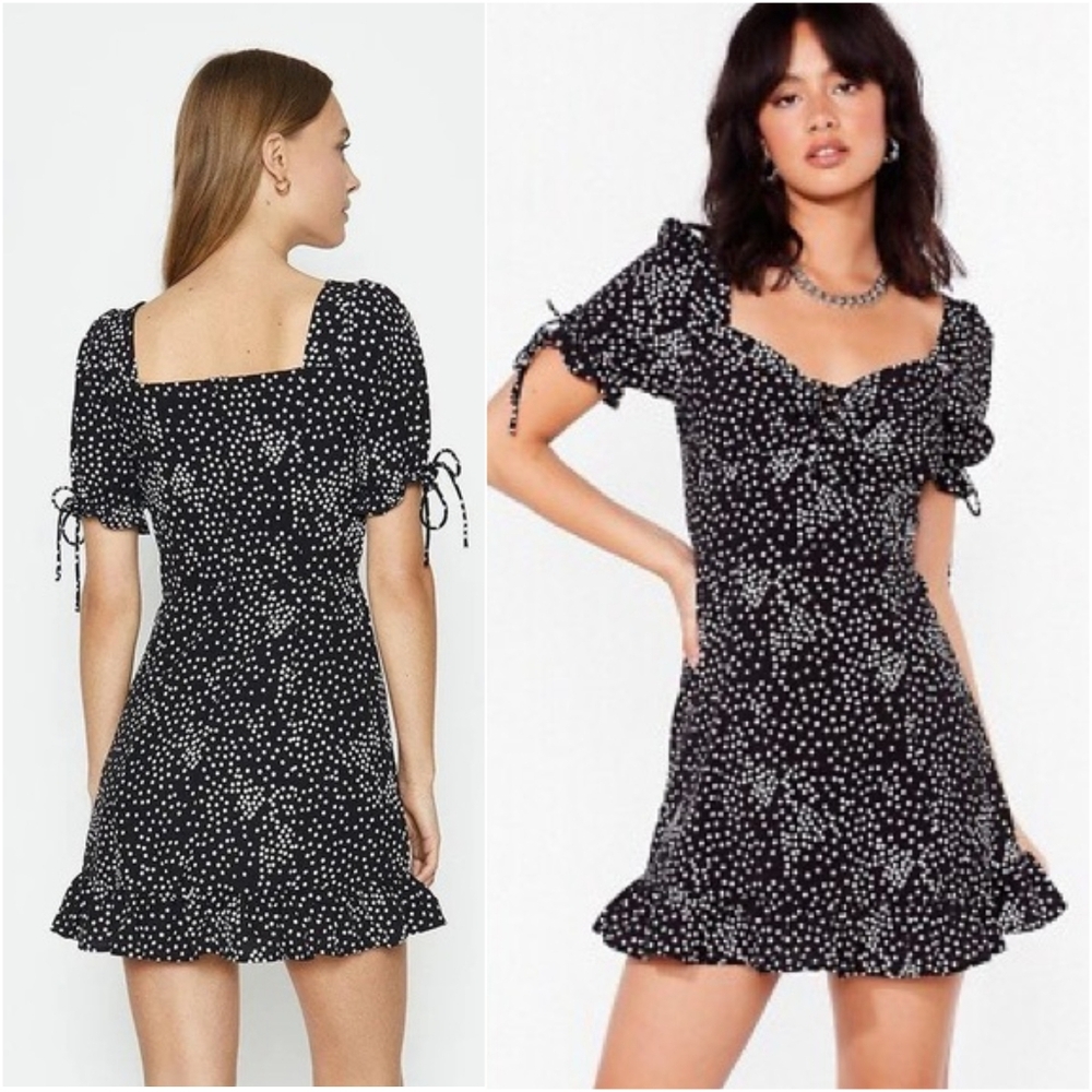 Nasty Gal Black and White Polka Dot Ruffle Trim Puff Sleeve Dress Small